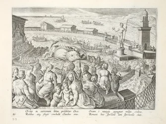 Mostro marino che attacca una barca durante uno spettacolo in un recinto marino a Ostia, tavola 85, illustrazione da 
